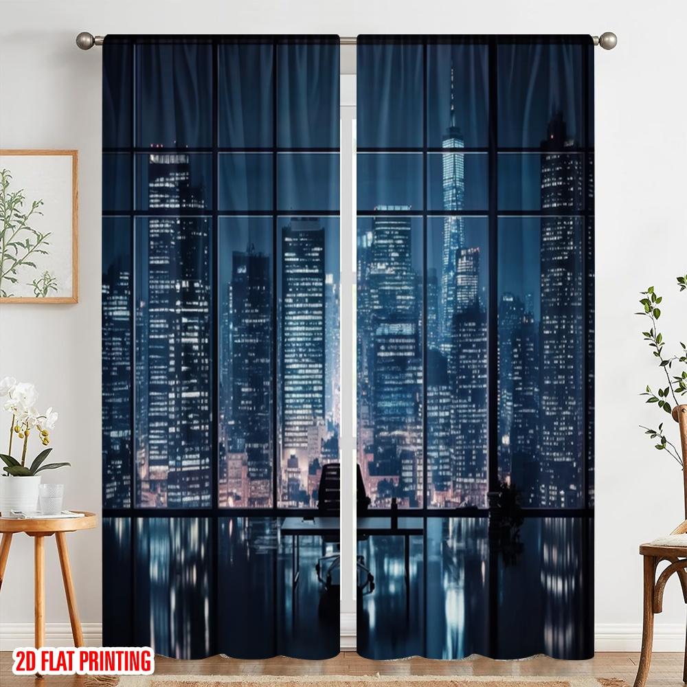 2pcs,2D Plane Printing Curtains Digital Printed Urban Window View Polyester Easy Install (without Rod) Decorations For Home for
