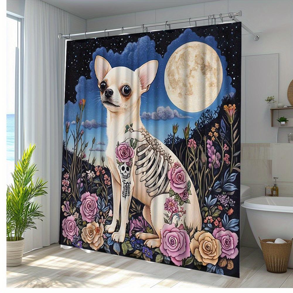 1pc Artistic Dog Bath Curtain with Floral Elements, Perfect as Bathroom Decor, Polyester Fabric, Includes 12 Hooks,180x200cm