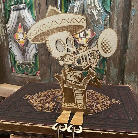 Halloween Articulated Skeleton Decoration Guitar/Horn/Violin Player Skeleton Statue Collectible DIY Wood Ornament for Home Party Decor