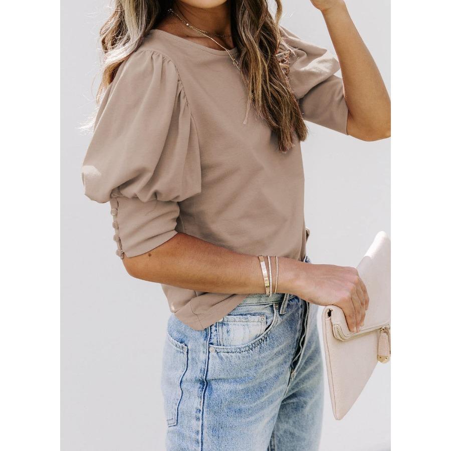 Summer Women's Round Neck Solid Color Button Loose Casual Short Sleeved T-shirt for Women