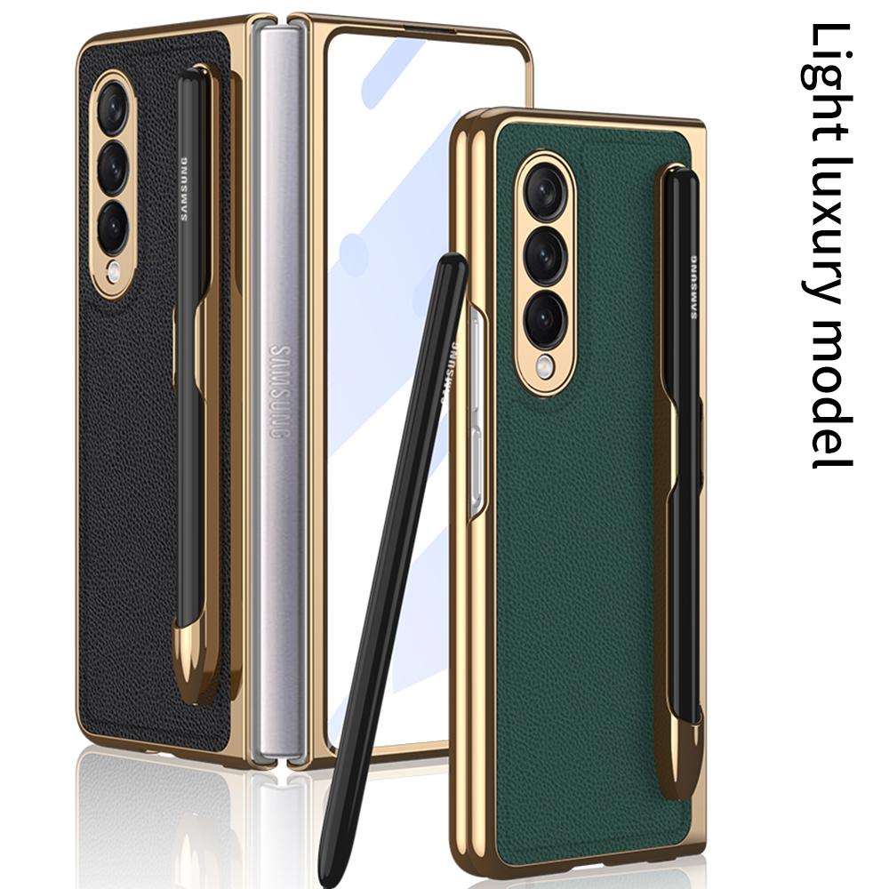 Husă cu Suport S Pen Pentru Samsung Galaxy Z Fold 3 5g Carcase Shell Folie Integrată Galvanizare Piele Simplă Slot pentru Stilou Z Fold3