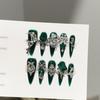 Green Press On Nails Almond Fake Nails French Tip False Nails with Design Glossy Full Cover Acrylic Glue On Nails Artificial Stick On Nails for Women