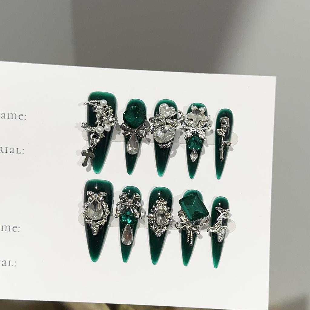 Green Press On Nails Almond Fake Nails French Tip False Nails with Design Glossy Full Cover Acrylic Glue On Nails Artificial Stick On Nails for Women