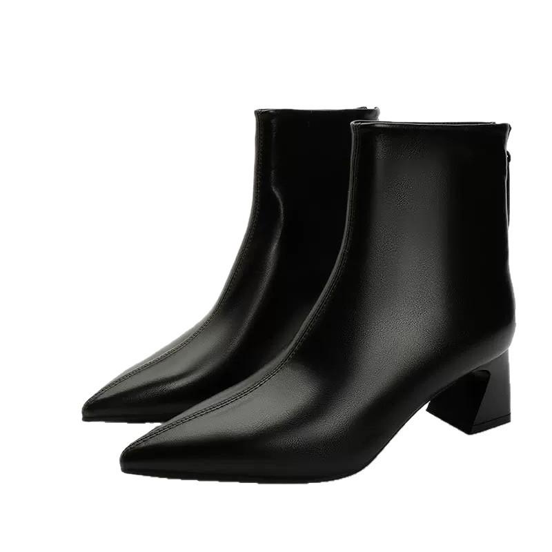 Soft leather pointed short boots women's 0000 new spring and autumn single boots thick heel medium heel thin autumn high heel boots bare boots