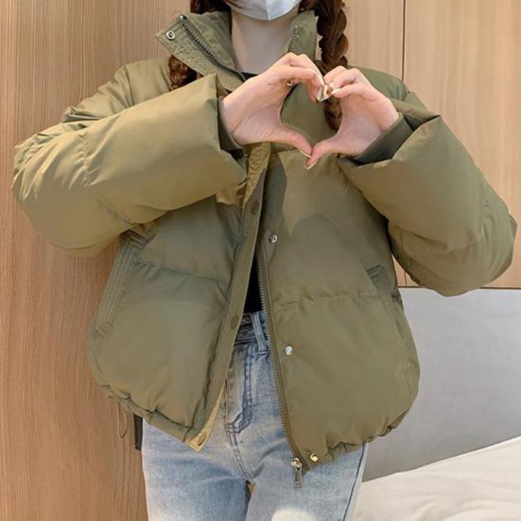 Winter Warm Women Cotton Coat Stand Collar Thickened Lightweight Long Sleeve Solid Color Outwear with Pockets