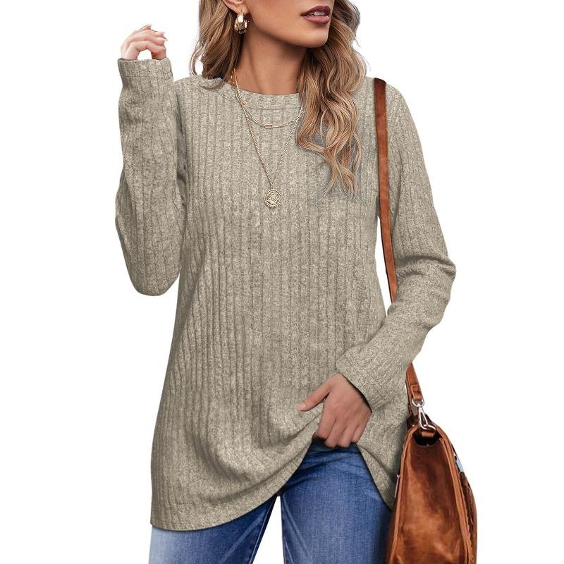 QICED Moda feminina casual cor sólida estampa manga comprida gola redonda blusas e camisas