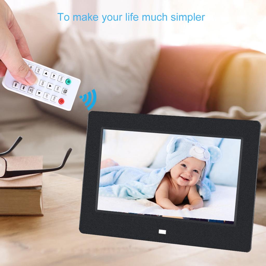 7Inch 1024*600HD Digital Photo Picture Frame Alarm Clock Player Album Remote Control Black
