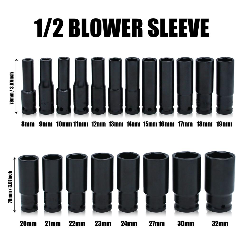 1/2" Drive  Impact Socket Set Extended Electric Wrench Socket Set Hexagonal Impact Sleeve 8-32mm with Storage Box Hand Tool