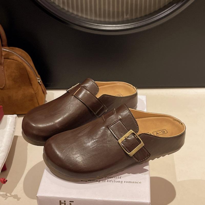 Boken Shoes Half Slippers Female Summer One Foot Lazy Person Single Shoes Toe Leather Cool Slippers