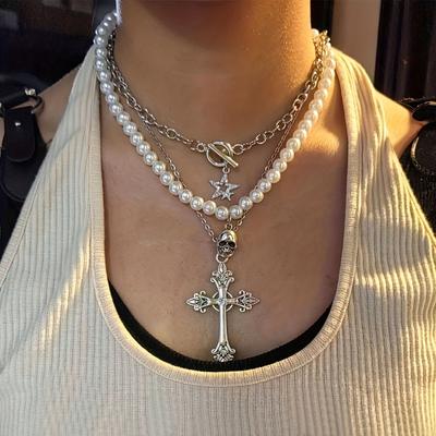 Ensemble de 3 pièces de collier multicouche imitation perle étoile croix pour femme, Bijoux accessoires de vacances style punk rétro pour femme