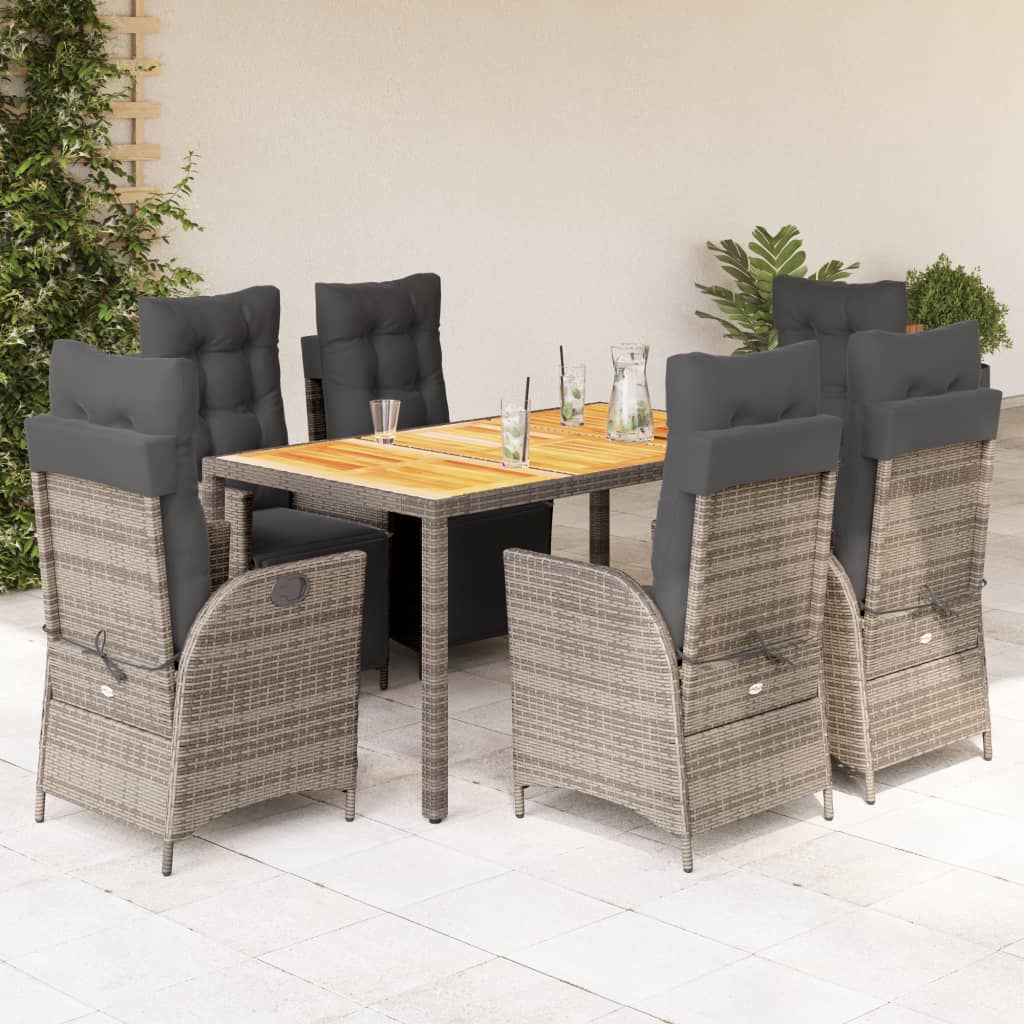 7 Piece Outdoor Dining Set with Cushions Grey Poly Rattan