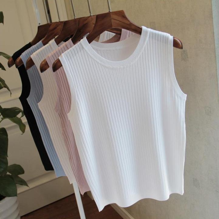 Camiseta interior de verano con cuello redondo para mujer, tirantes anchos, interior fino, sin mangas, de punto, de color liso, exterior, chaleco de poliéster