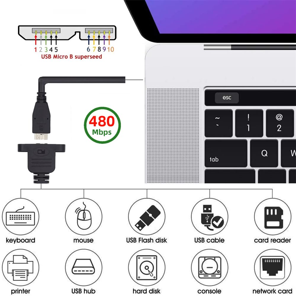 xiwai USB Male to Screw Mount Extension Cord 480Mbps Micro USB Female Extension Cable 2.0 Type-B - 3.0 Type-B