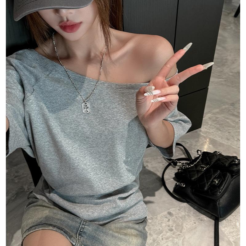 Loose One-word Shoulder Short-sleeved T-shirt Women's Solid Color Lazy Style Versatile Casual Design Niche Bottoming Shirt