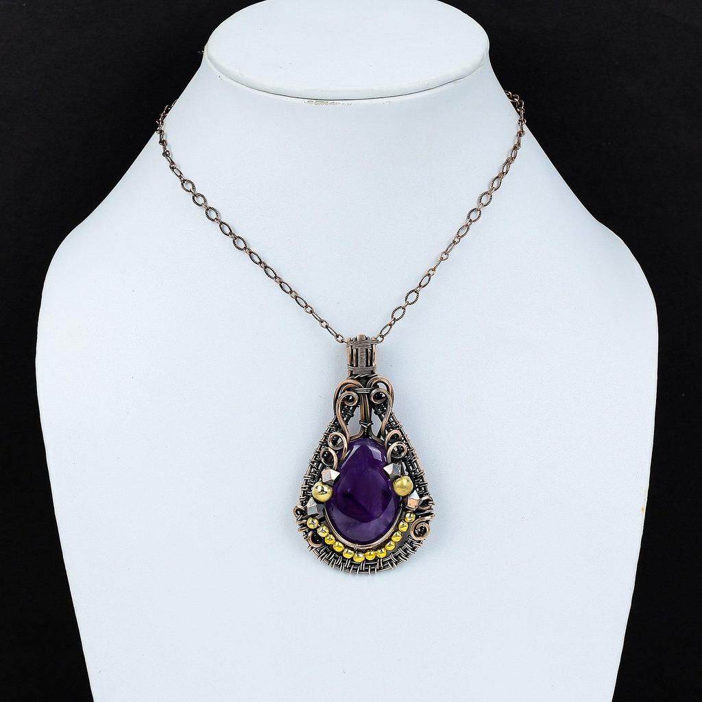 Ametystový přívěsek Drahokam Šperky, Přívěsek omotaný měděným drátem 999, Dárek pro ženy Ručně vyrobený přívěsek