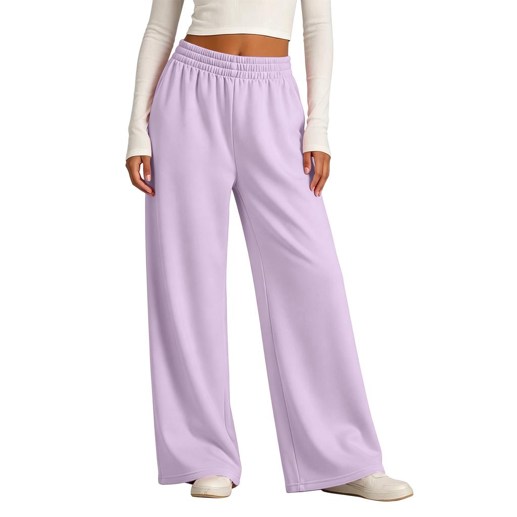 Women's Lined Wide Leg Sweatpants with High Elastic Ribbed Waistband for Casual Wear