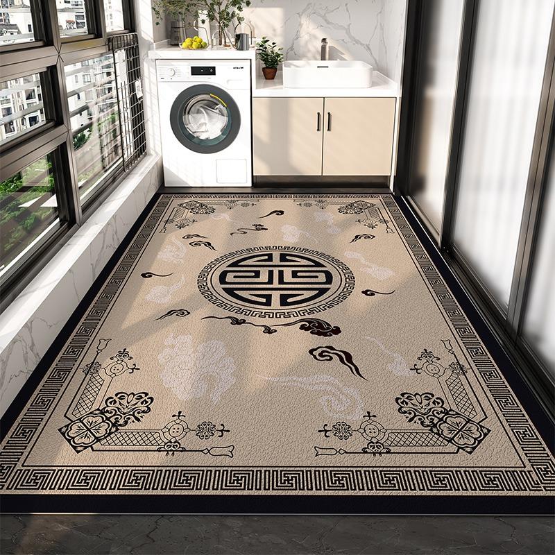 Balcony Waterproof Floor Mat Large Gray Carpet Pvc Leather Non-slip Rug New Chinese Style Retro Home Decoration Rugs for Kitchen