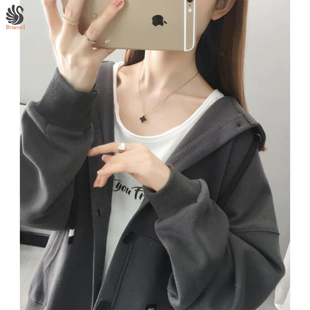 Bvaeocl Lightweight Casual Loose Fit Solid Hoodie for and Winter Dark Women's Button-Up Spring, Autumn, (BV105) (JP, Alphabet, 3XL, Gray)