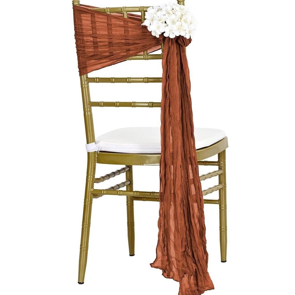 6pcs Boho Crinkled Voile Cheesecloth Chair Sashes Sheer Chair Covers Bows For Party Wedding Event Aisle Decoration