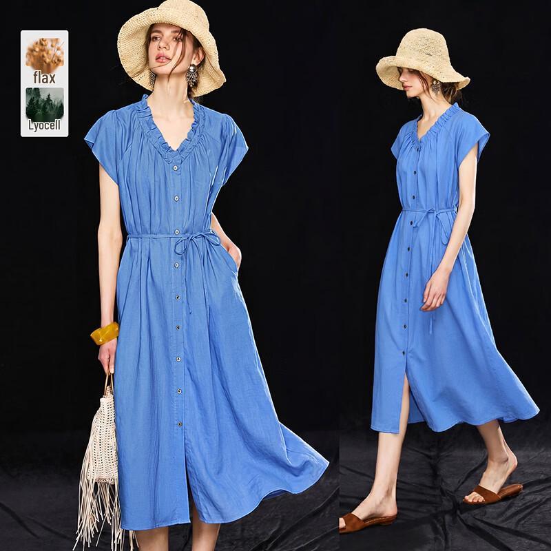 French Style Lace V-Neck Tencel Linen Midi Dress XL