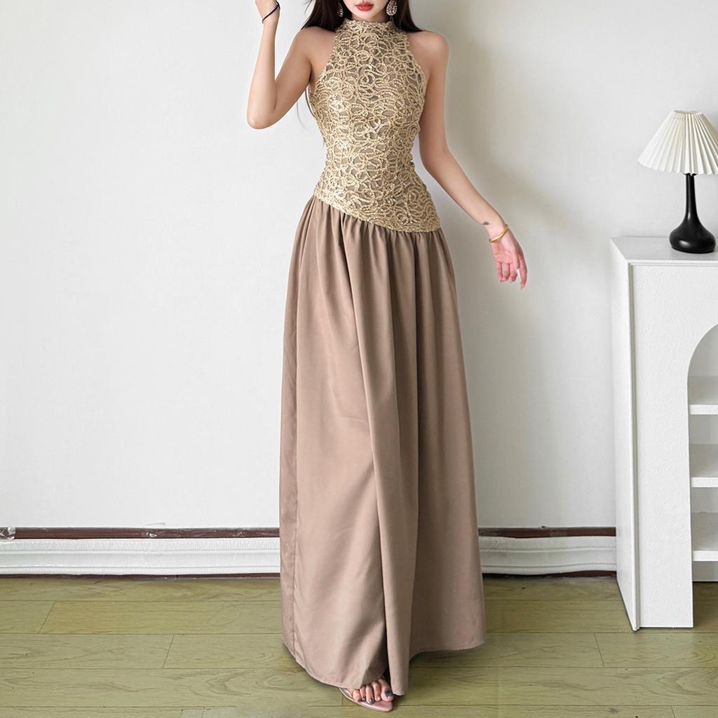 2026 European and American spring fashion new woven gold fabric splicing satin sleeveless dress dress