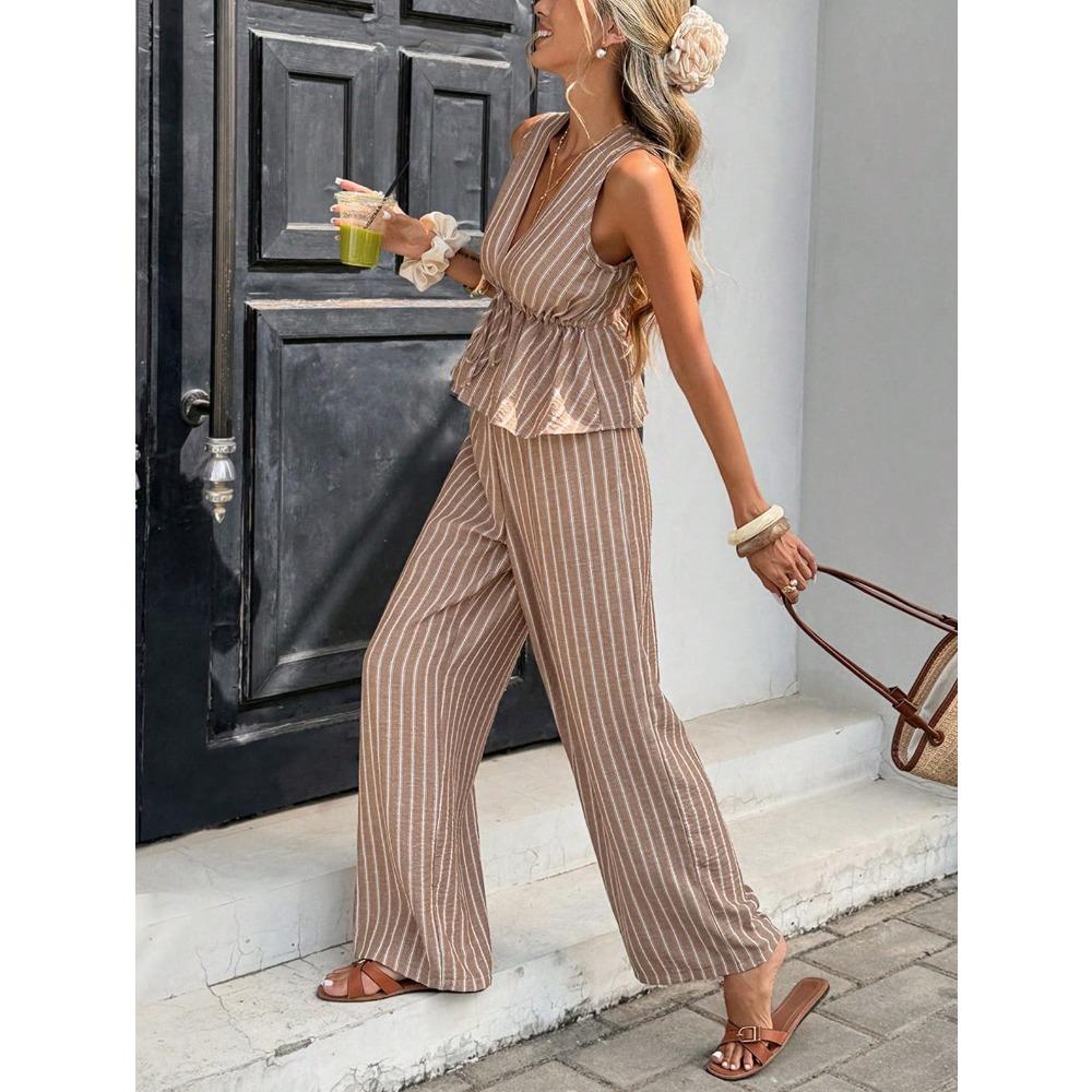 Ensemble 2 pièces élégant : Haut rayé sans manches à encolure en V et Pantalon large taille haute, Tenue décontractée d'été pour les vacances