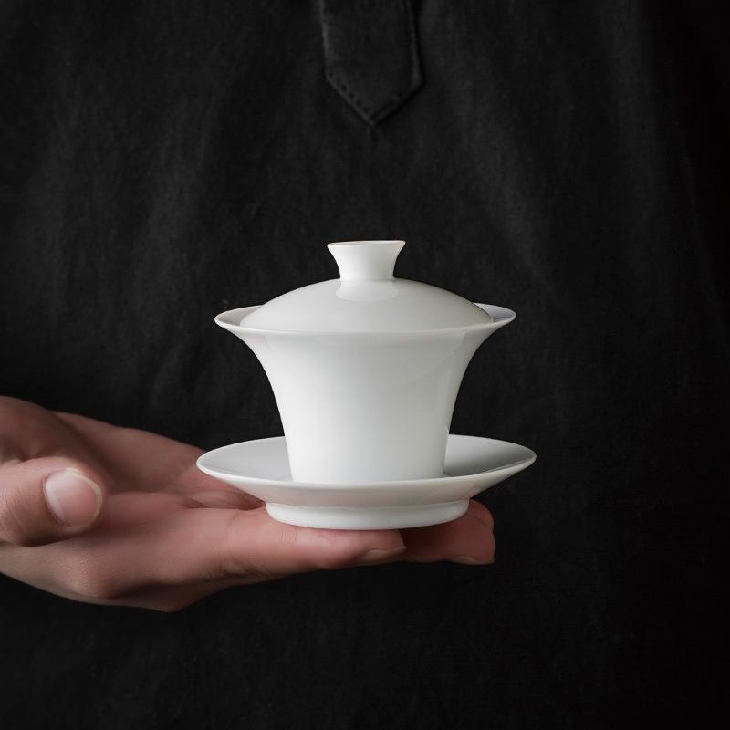 White Ceramic Lidded Bowl Single Kombucha Bowl with Cover Sancai Tea Cup Dehua Ceramic Gaiwan Sweet White Bubble Tea Bowl