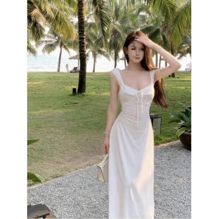 Gentle Wind Sweet Temperament Suspender Burgundy Dress Women's Spring and Autumn New Simple and Thin Beautiful Medium and Long Skirt