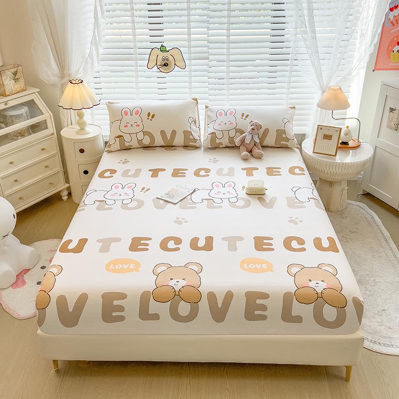 

Cotton Thick Plant Floral Fitted Sheet Set, Pink Bedding for Girls Women Bedroom Decoration, Letter Printed Queen Bed Cover 3pcs 150X200cmX25cm 3pcs