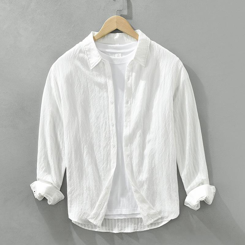 

Korean Style Mens Long Sleeve Shirt Soft and Comfortable Stripes Textured Shirt Spring and Summer Daily Casual Tops M белый