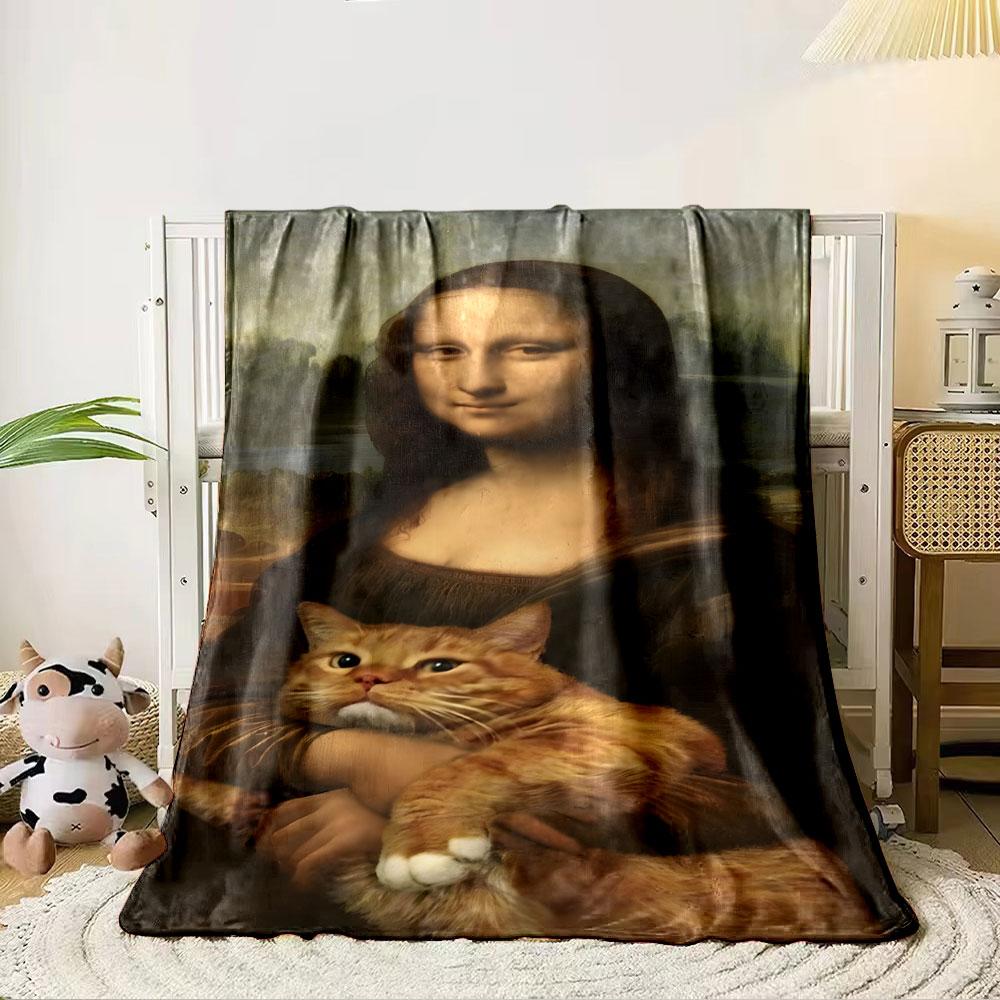 A blurred portrait holding a ginger cat with a classic painting background. for all seasons blanket lunch break throw gift 80cm x 120cm