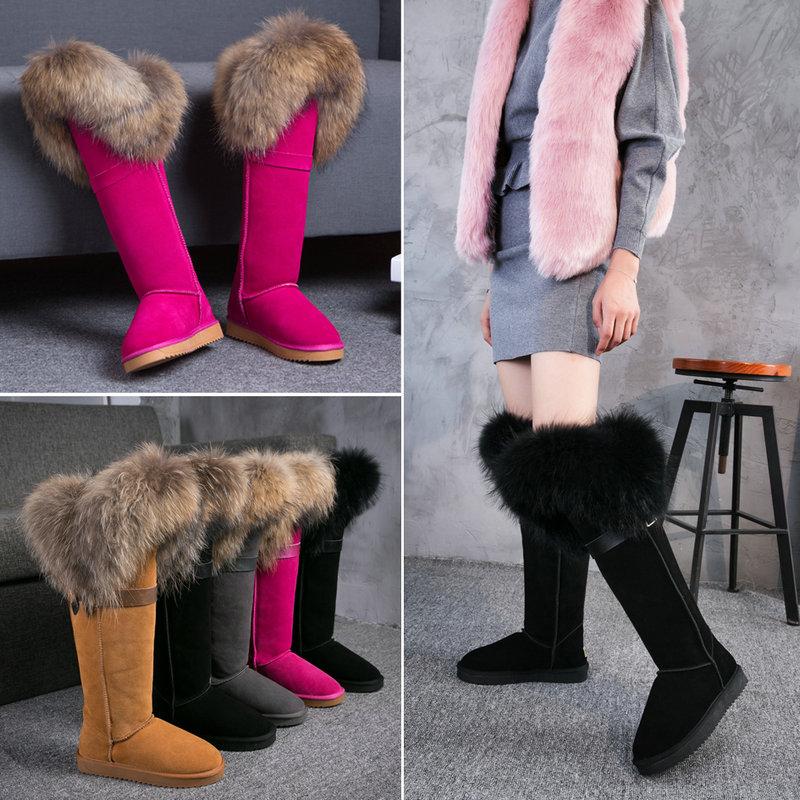 Fashion Snow Natural Fox Fur Snow Boots For Women Raccoon Leather Shoes Real Suede Leather Boots For Women Knee-High Winter Warm Shoes