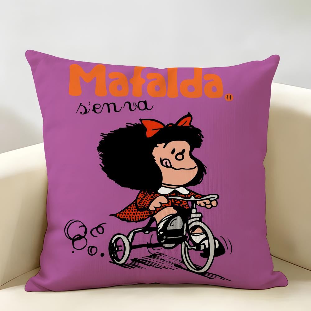 MMafalda Cartoon Cute Cushion Cover Natural Linen Organic Fabric DoubleSided Printing Room Sofa Decor Pillow Case