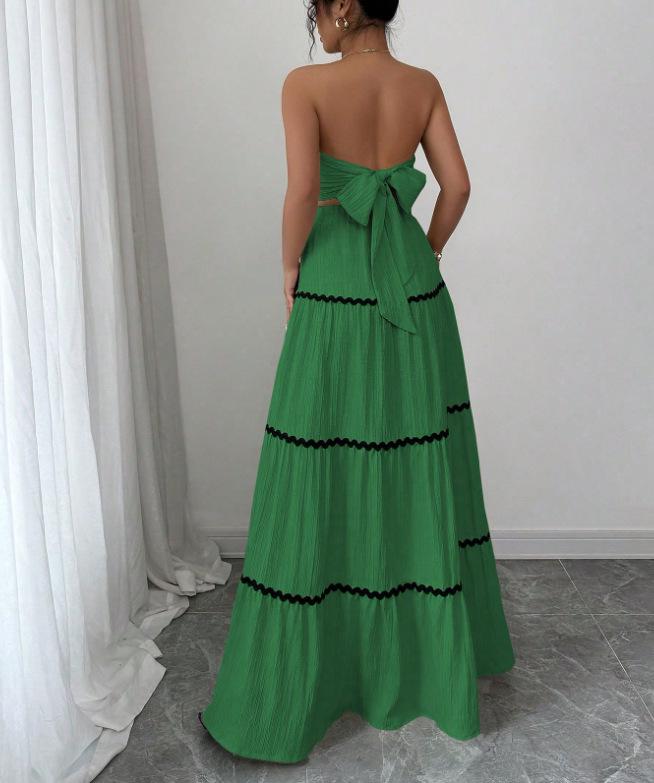 2026 Summer European & American Holiday Casual Strapless Lace Patchwork Long Dress & Two-Piece Women's Set