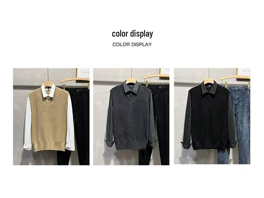 Herren Herbst Preppy Patchwork Zweiteiliges Pullover-Hemd - Langarm Britischer Stil Strickweste