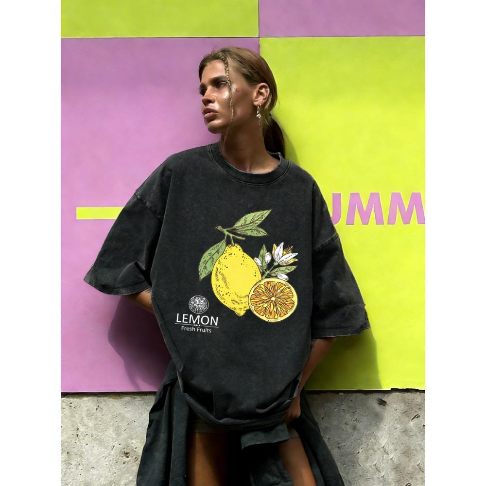 

Fresh Fruits Lemon Printing Washed T Shirts Women Cotton T-Shirt Sport Summer Clothing Loose Hip Hop Short Sleeves 3XL