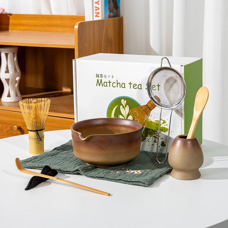 5-8pcs INS coarse pottery gradual change color tea stand matcha bowl set to order tea retro Matcha whisk set of tea tools