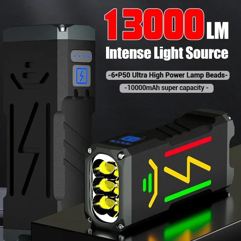 13000LM High Power LED Flashlight Built-in 10000mAh Large Battery USB Rechargeable Aluminum Alloy Torch Emergency Power Bank