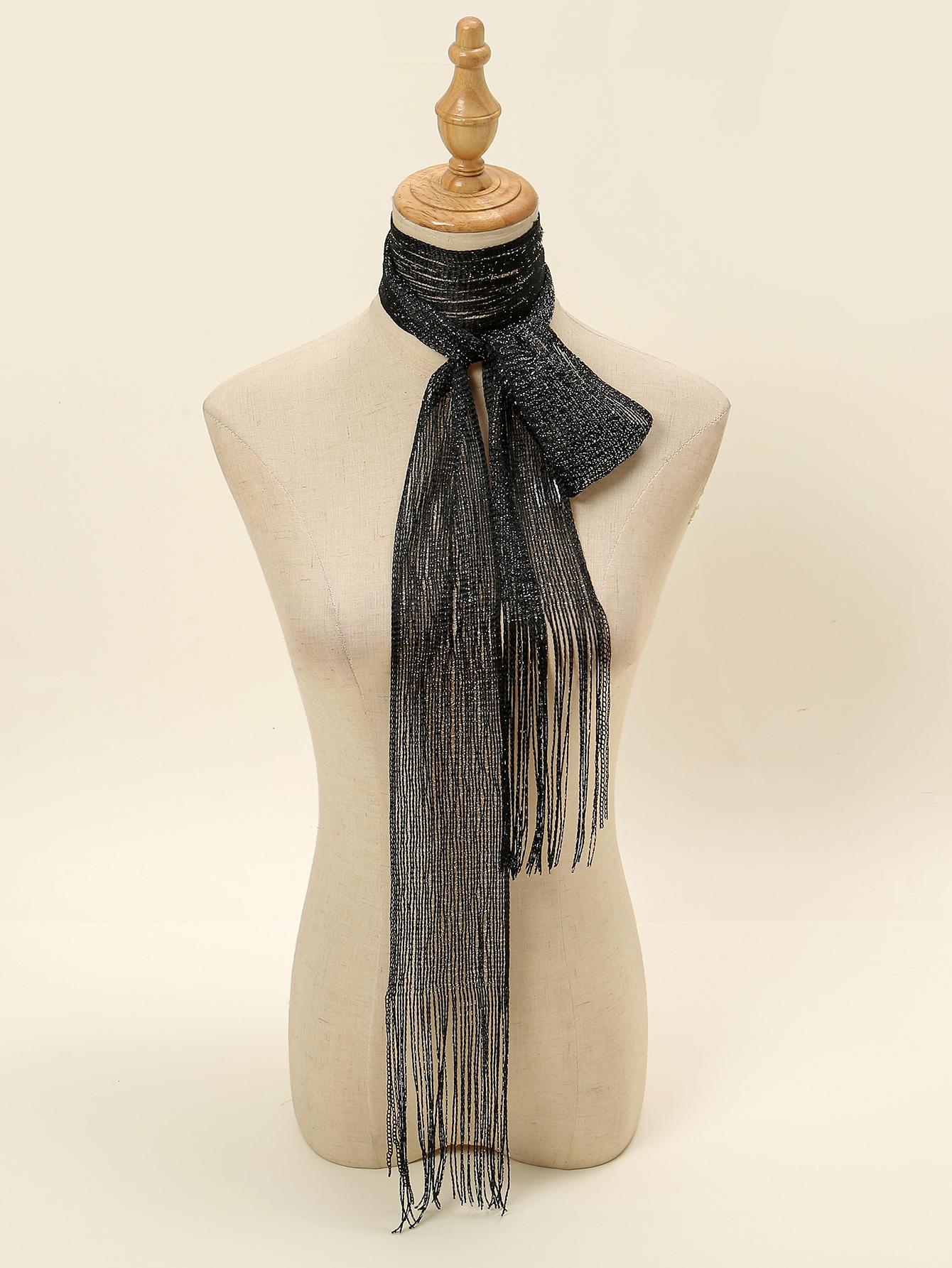 

New Fashion Gold Silver Shiny Scarf Thin Light Solid Tassels Long Shawl Silk Feeling Lace Women Necklace Party Evening Dress