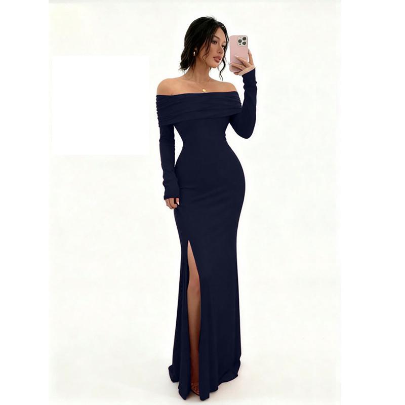 Autumn European & American Women's One-Shoulder Slim-Fit Slit Evening Gown