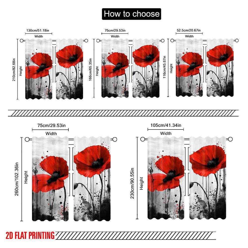 2pcs,2D Plane Printing Print Curtains Painted Poppies Versatile Fabric (without Rod) Versatile All for Bedroom & Living Room,
