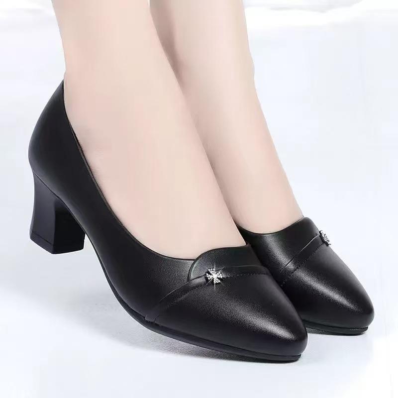 Women's Leather Pointed-Toe Pumps Comfortable Chunky Heel Dress Shoes with Rhinestone Detail