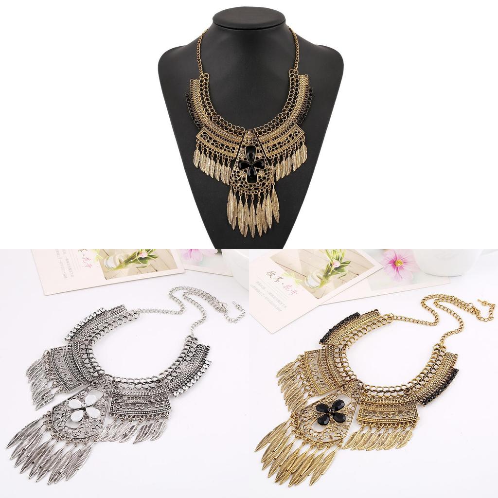 Qw Vintage European Designer Necklace With Hollow Flower Pattern And Leaf Tassel For Gift And Travel Souvenir