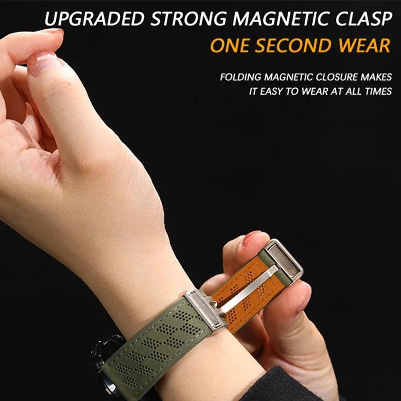 Breathable Microporous Full-leather Crazy Horse Pattern Magnetic Buckle Strap for HUAWEI GT3/4 Samsung WATCH Strap