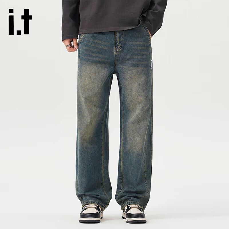 izzue Men's Retro Loose Straight Washed Jeans