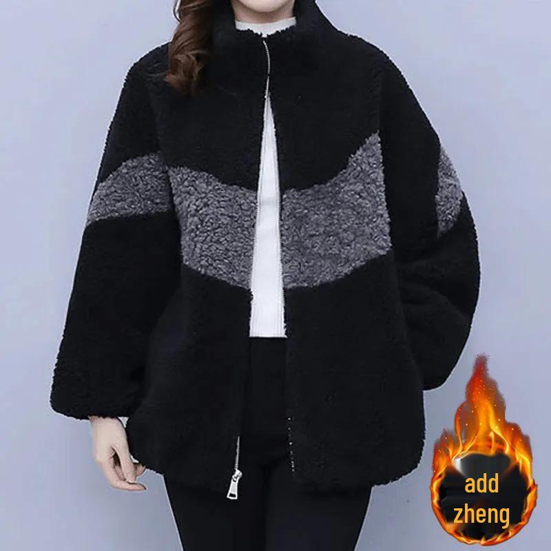 Women's Plus Size Color Block Fleece Coat - Lamb Wool One-Piece, Autumn & Winter Fashion