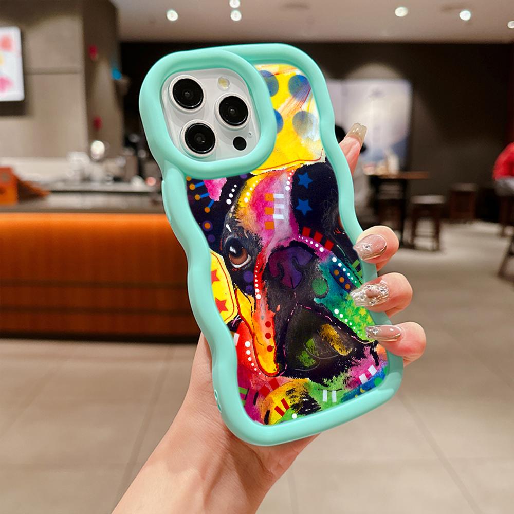 Macaron Big Wave Soft Phone Case for iPhone 11 12 13 14 15 Samsung A13 A14 A15 A24 A53 A54 A55 Xiaomi Redmi Note 13 12C Cover A44 French Bulldog Dog