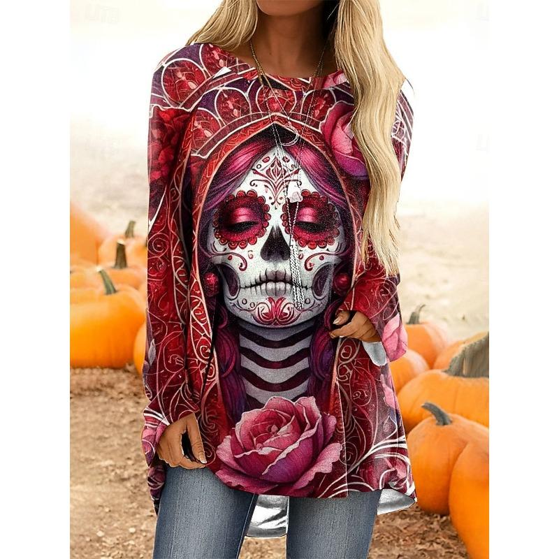 Women's Skull Pattern Printed V-neck Long sleeved T-shirt Fashion Casual Top Hoodie Clothing