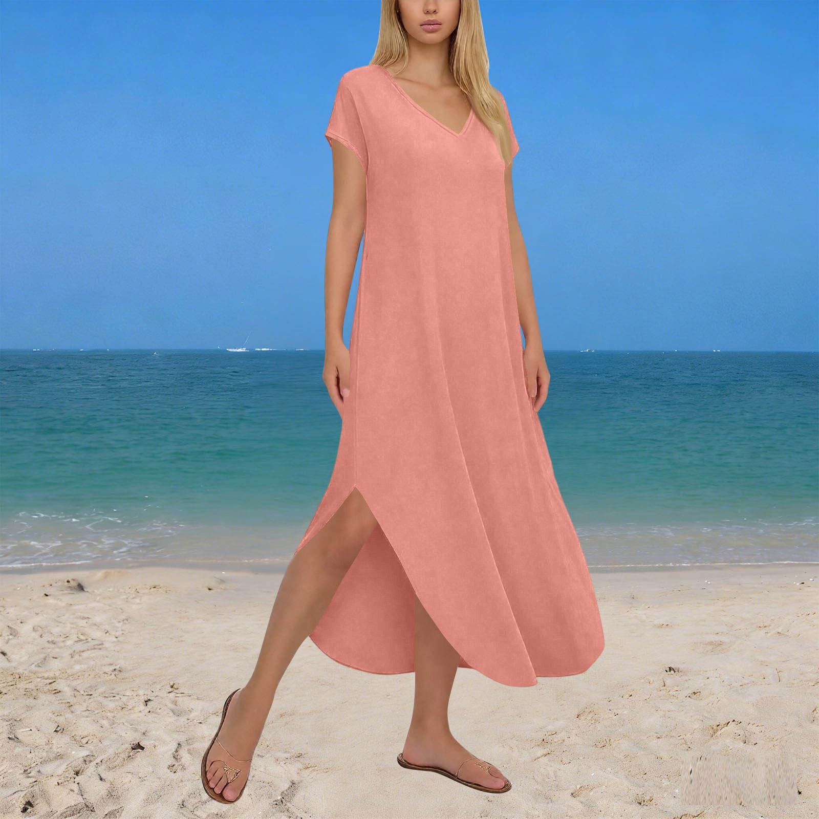 

Summer Casual Maxi Dresses For Women- Women s V Neck Cap Sleeve Long Sundress With Pockets Beach Vacation XL кавун червоний колір