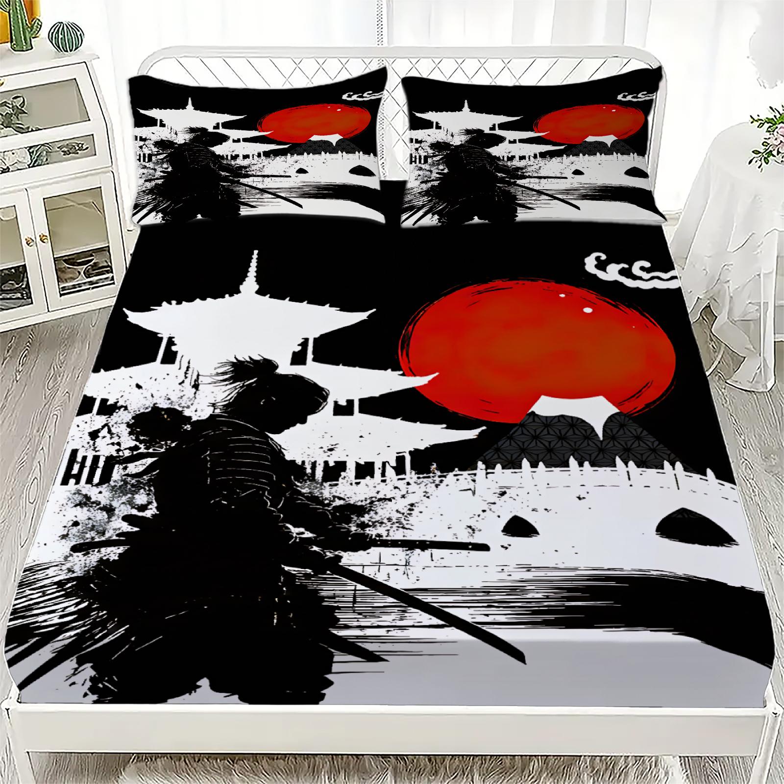 

Watercolor Painting Fitted Sheet Set Japanese Samurai 3D Print 100% Polyester Mattress Covers Breathable Set With 2 Pillowcases Twin99x190cmx25